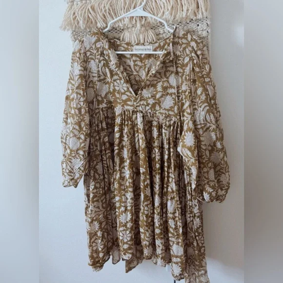 Daughters Of India Kyra Midi Dress Balloon Sleeve Olive  Green XS Cotton Boho - Picture 3 of 7